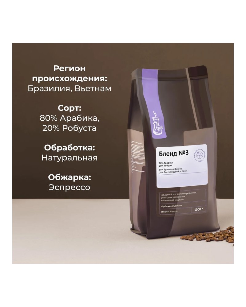 Кофе в зернах «Бленд №3» с азотом для эспрессо (80% Арабика Бразилия Суль Де Минас,20% Робуста Вьетн