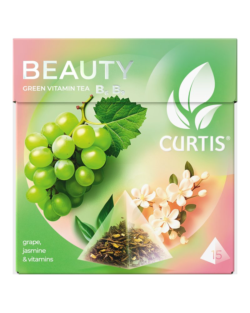 Чай зеленый в пирамидках CURTIS "Beauty" 15 пирамидок, с кусочками винограда и витаминами В6, В9, фруктовый ароматизированный