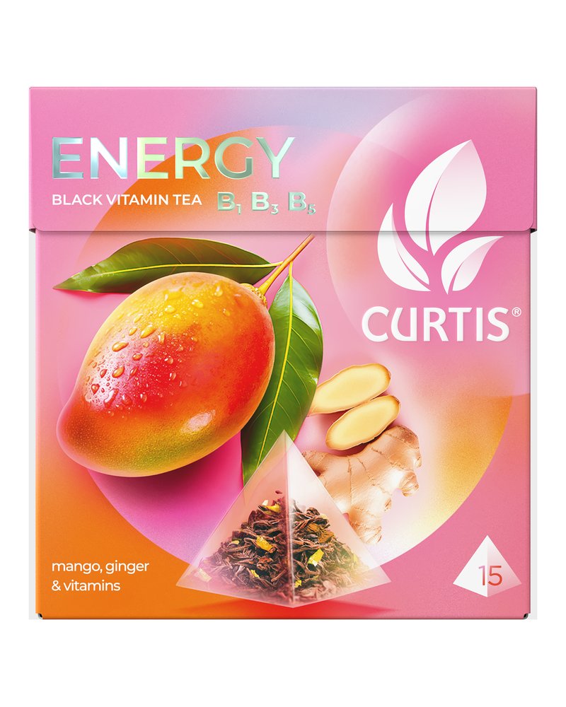 Чай черный в пирамидках CURTIS "Energy" 15 пирамидок, с ароматом манго, кусочками имбиря и витаминами В1, В3, В5, фруктовый ароматизированный
