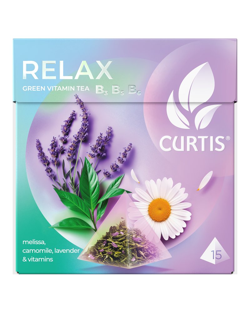 Чай зеленый в пирамидках CURTIS "Relax" 15 пирамидок, с ромашкой, лавандой, мелиссой и витаминами В3, В5, В6, фруктовый ароматизированный