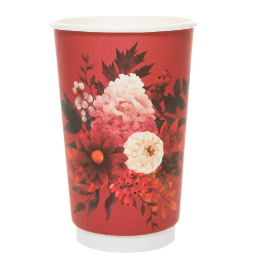 Стакан бумажный 2-слойный ProstoKap Цветы красный d=90 450 мл