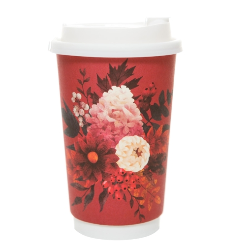 Стакан бумажный 2-слойный ProstoKap Цветы красный d=90 450 мл