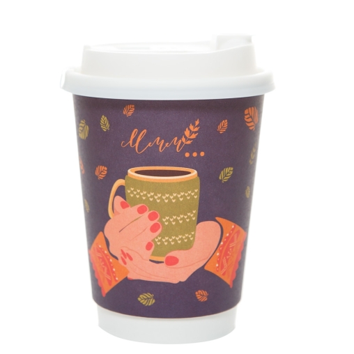 Стакан бумажный 2-слойный ProstoKap Осень-руки фиолетовый d=90 350 мл