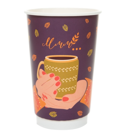 Стакан бумажный 2-слойный ProstoKap Осень-руки фиолетовый d=90 450 мл