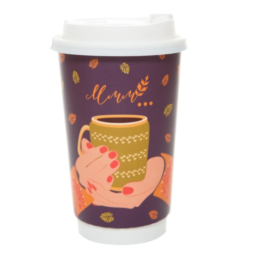 Стакан бумажный 2-слойный ProstoKap Осень-руки фиолетовый d=90 450 мл