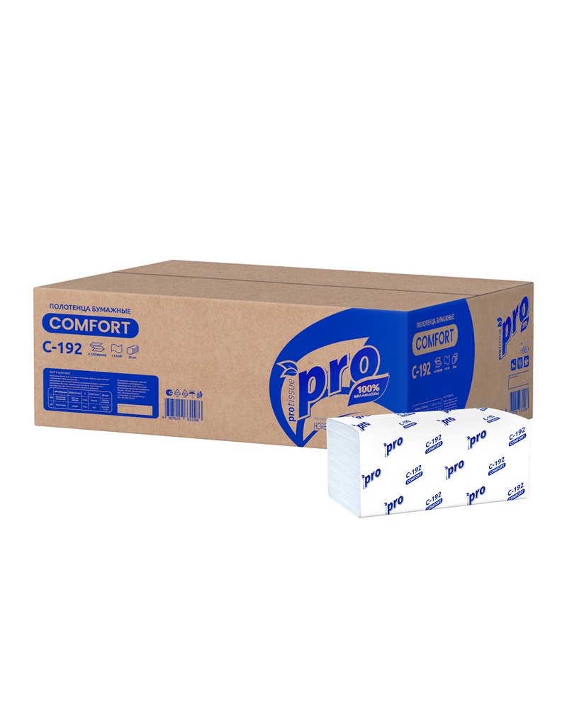 Полотенца бумажные в листах 22х21см PRO Tissue 1 слойные, V сложение, H3, 250 шт. С192 (х1/20) [упаковка]