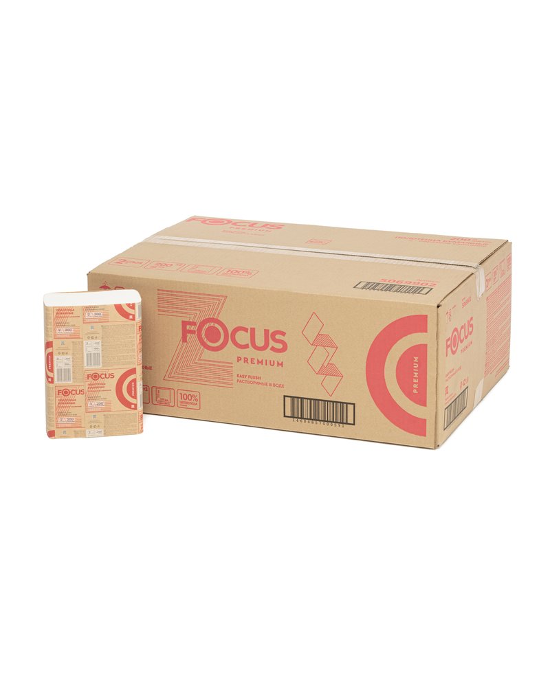 Полотенца бумажные в листах 24х21.5см Focus Premium 2х слойные, Z сложение, H2, 200 шт. 5069902 (х1/20) [упаковка]