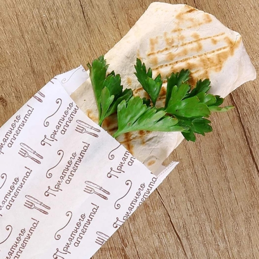 Жиростойкий белый V-пакет с принтом ПРИЯТНОГО АППЕТИТА 90+40×220 мм