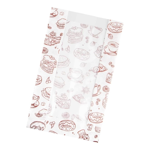 Жиростойкий белый бумажный V-пакет с окном и принтом ВЫПЕЧКА 140+60×250 мм