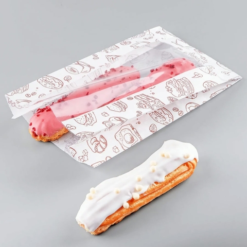 Жиростойкий белый бумажный V-пакет с окном и принтом ВЫПЕЧКА 140+60×250 мм