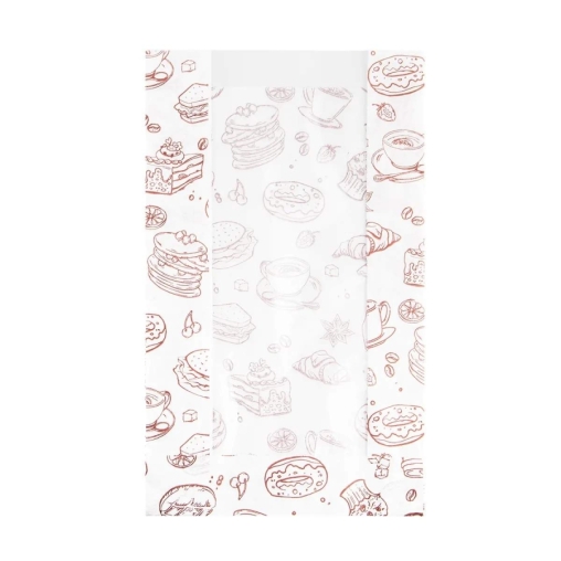 Жиростойкий белый бумажный V-пакет с окном и принтом ВЫПЕЧКА 140+60×250 мм