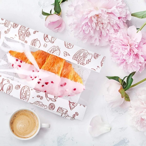 Жиростойкий белый бумажный V-пакет с окном и принтом ВЫПЕЧКА 140+60×250 мм