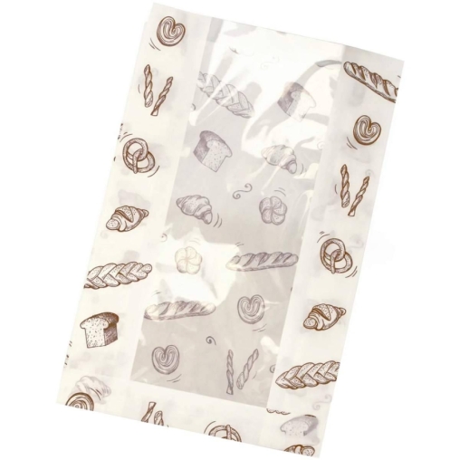 Влагопрочный белый бумажный V-пакет с окном и хлебобулочным принтом 200+65×325 мм