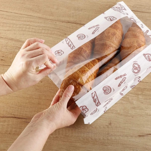 Влагопрочный белый бумажный V-пакет с окном и хлебобулочным принтом 200+65×325 мм