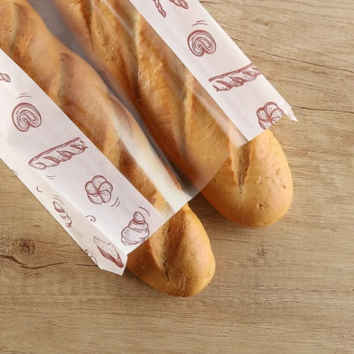 Влагопрочный белый бумажный V-пакет с окном и хлебобулочным принтом 200+65×325 мм