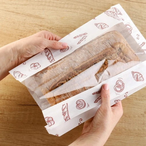 Влагопрочный белый бумажный V-пакет с окном и хлебобулочным принтом 200+65×325 мм