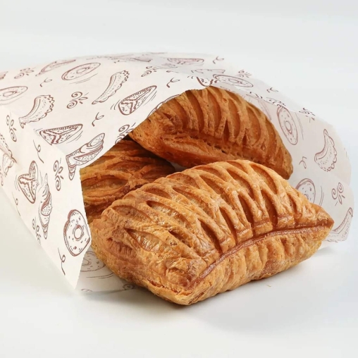 Жиростойкий белый бумажный V-пакет с принтом ВЫПЕЧКА 140+60×250 мм