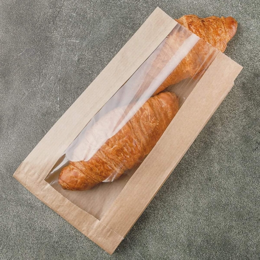 Крафтовый бумажный V-пакет с окном для выпечки 140+60×250 мм