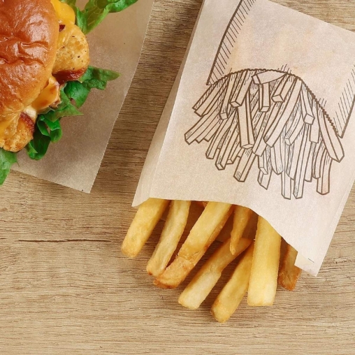 Жиростойкий бумажный V-пакет с принтом КАРТОШКА ФРИ 100+30×115 мм Крафт