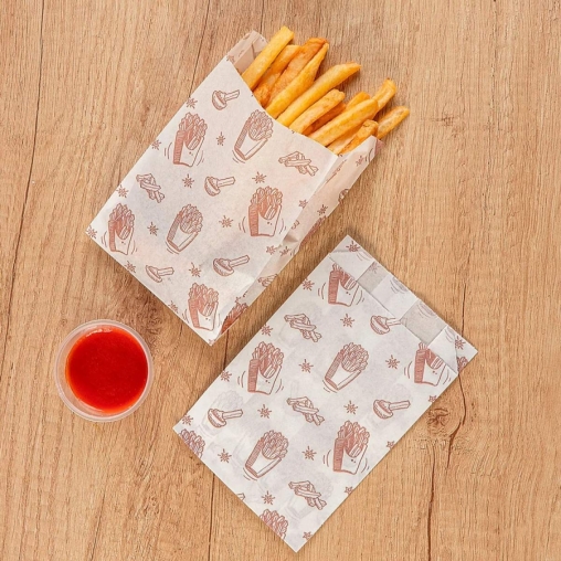 Жиростойкий бумажный Белый V-пакет с принтом КАРТОШКА ФРИ 110+50×175 мм