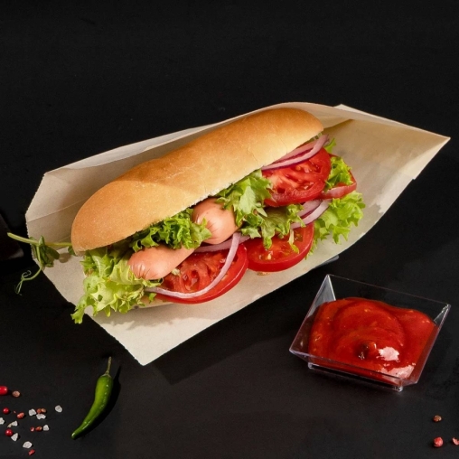 Влагопрочный бумажный бежевый V-уголок для хот-дога 85+40×215 мм