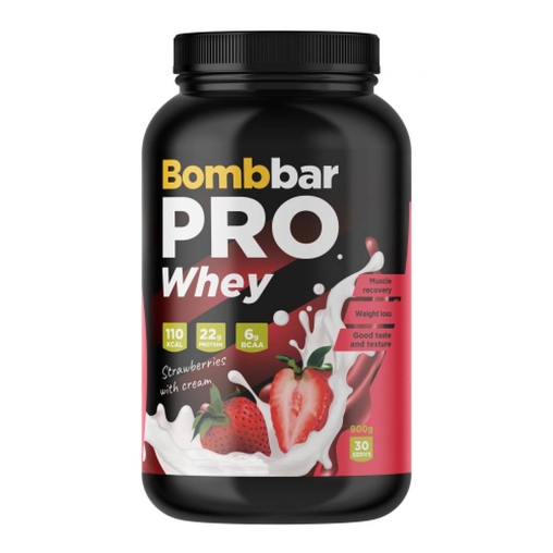 Сухая протеиновая смесь BOMBBAR Whey Protein Pro Клубника со сливками для спортивного питания 900 г