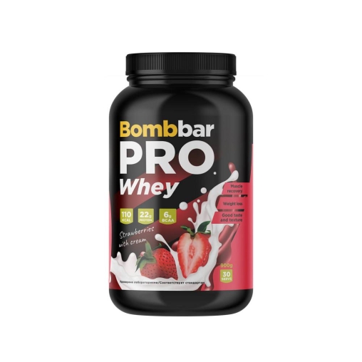 Сухая протеиновая смесь BOMBBAR Whey Protein Pro Клубника со сливками для спортивного питания 900 г