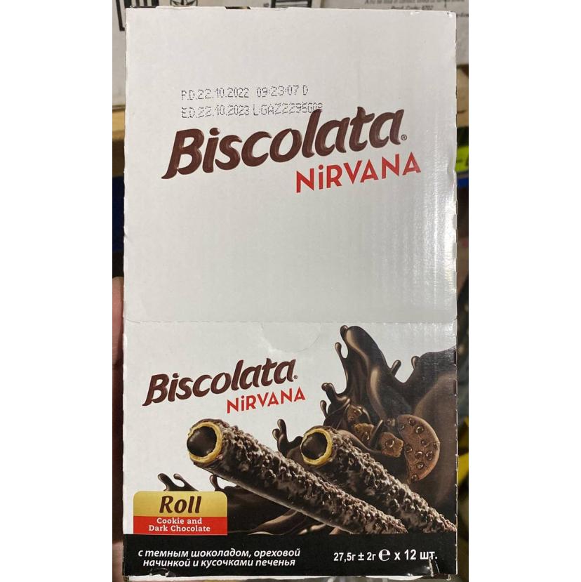 Вафельная трубочка Biscolata Nirvana Roll Темный шоколад Ореховая начинка Печенье 27,5 г