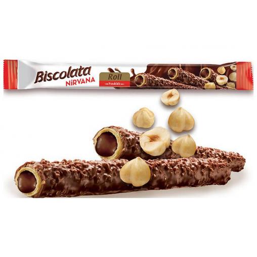 Вафельная трубочка Biscolata Roll Молочный шоколад Ореховая начинка Фундук 28 г