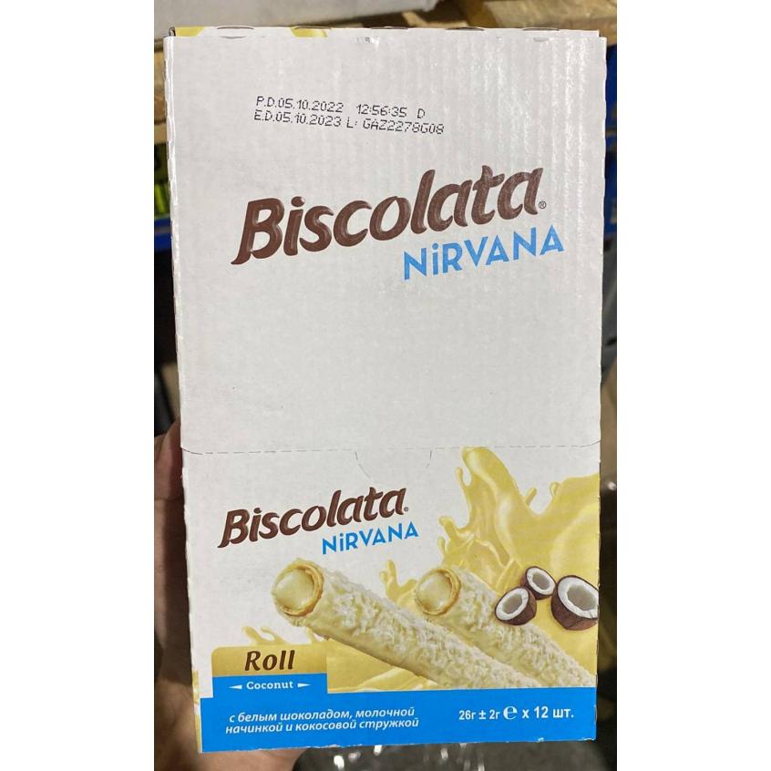 Вафельная трубочка Biscolata Nirvana Roll Белый шоколад Мол. начинка Кокос 26 г