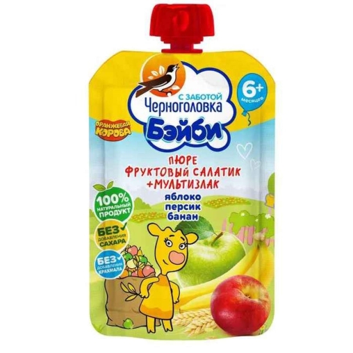 Пюре детское Черноголовка Яблоко Персик Банан с овсяной и рисовой мукой 85 г пауч