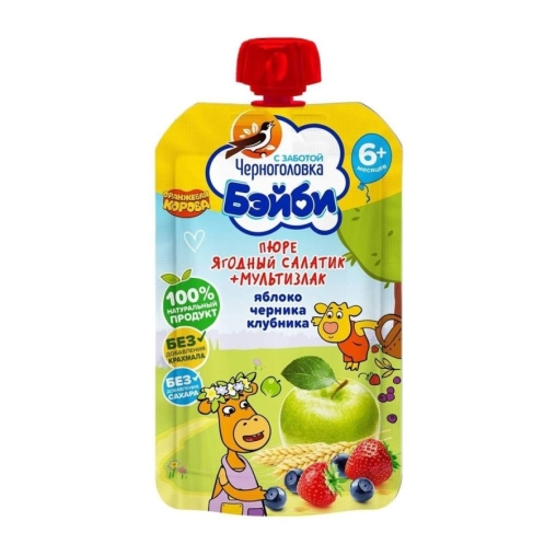 Пюре детское Черноголовка Яблоко Черника Клубника с овсяной и рисовой мукой 85 г пауч