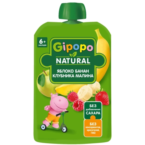 Пюре детское GIPOPO Яблоко Банан Клубника Малина 90 г пауч