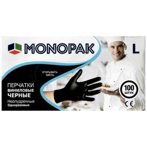 Перчатки MONOPAK смотровые нестерильные неопудренные ЧЕРНЫЕ винил р. L 100 шт.