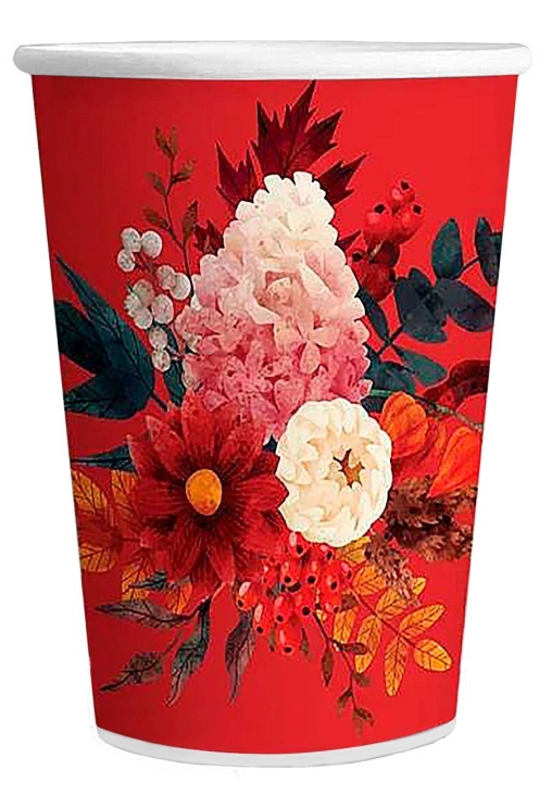 Стакан бумажный 2-слойный ProstoKap Цветы красный d=90 450 мл