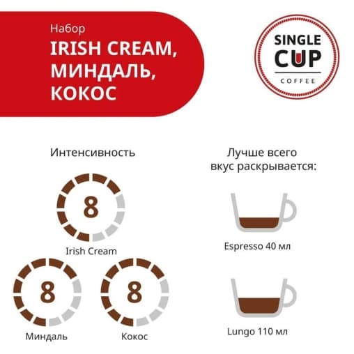 Набор кофе-капсул Single Cup для Nespresso: Irish Cream, Миндаль, Кокос 30 шт.