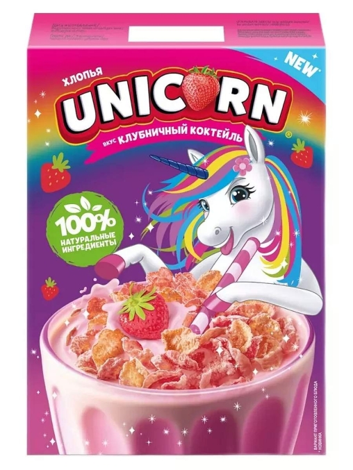 Готовый завтрак UNICORN хлопья кукурузные Клубничный коктейль 220 г