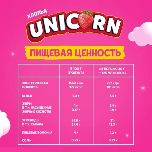 Готовый завтрак UNICORN хлопья кукурузные Клубничный коктейль 220 г