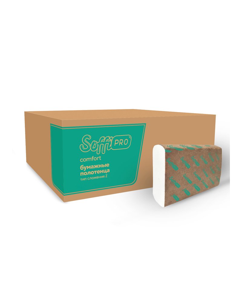 Полотенца бумажные в листах 19х21см SoffiPro Comfort 2-слойные, Z-сложение, H2, 150 шт. 10901352 (х1/20)