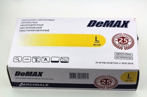 Перчатки DeMax смотровые латекс неопудр. р. L 100 шт