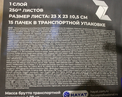 Полотенца бумажные Focus ECO SMART листовые V-сложение 1-слойные 23×23 см 250 л.