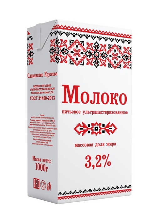 Молоко ультрапастеризованное Славянские кружева 3,2% БЗМЖ тетрапак 973 мл