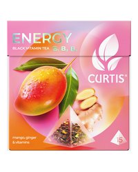 Чай черный в пирамидках CURTIS "Energy" 15 пирамидок, с ароматом манго, кусочками имбиря и витаминами В1, В3, В5, фруктовый ароматизированный