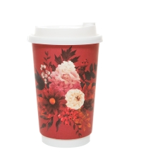 Стакан бумажный 2-слойный ProstoKap Цветы красный d=90 450 мл
