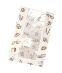 Влагопрочный белый бумажный V-пакет с окном и хлебобулочным принтом 200+65×325 мм