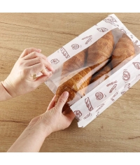 Влагопрочный белый бумажный V-пакет с окном и хлебобулочным принтом 200+65×325 мм