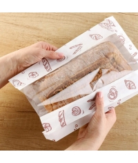 Влагопрочный белый бумажный V-пакет с окном и хлебобулочным принтом 200+65×325 мм