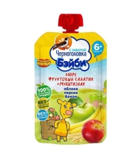 Пюре детское Черноголовка Яблоко Персик Банан с овсяной и рисовой мукой 85 г пауч