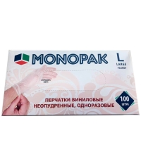 Перчатки MONOPAK виниловые смотровые нестерильные неопудренные ПРОЗРАЧНЫЕ р. L 100 шт.